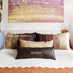 Brown Vegan Leather Pillow Cover King Size Pieced Lumbar, Scandinavian Style - thumbnail 3