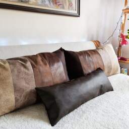 Brown Vegan Leather Pillow Cover King Size Pieced Lumbar, Scandinavian Style - thumbnail 2