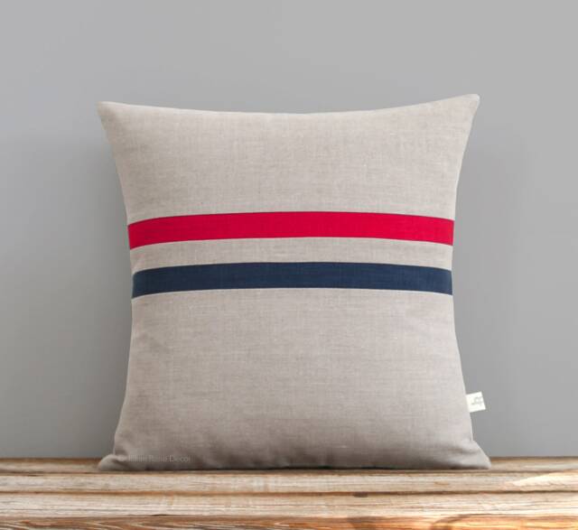 Poppy Red & Navy Striped Pillow Cover - 16x16 By Jillian Rene Decor, Americana, Nautical - Modern Home Decor - image 1