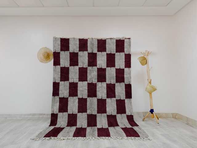 Maroon & Gray Checkerboard Moroccan Rug, Handwoven Wool Beni Ourain Style, Modern Bohemian Decor, Unique Area Rug - image 1
