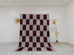 Maroon & Gray Checkerboard Moroccan Rug, Handwoven Wool Beni Ourain Style, Modern Bohemian Decor, Unique Area Rug - thumbnail 1