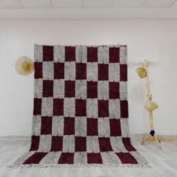Maroon & Gray Checkerboard Moroccan Rug, Handwoven Wool Beni Ourain Style, Modern Bohemian Decor, Unique Area Rug - thumbnail 3