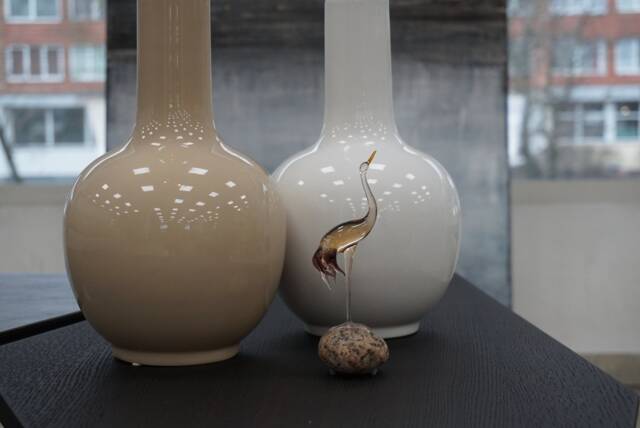 Rose Gold Heron Glass Figurine - Beige Lampwork Bird Statue Nature Lover Gift - image 1
