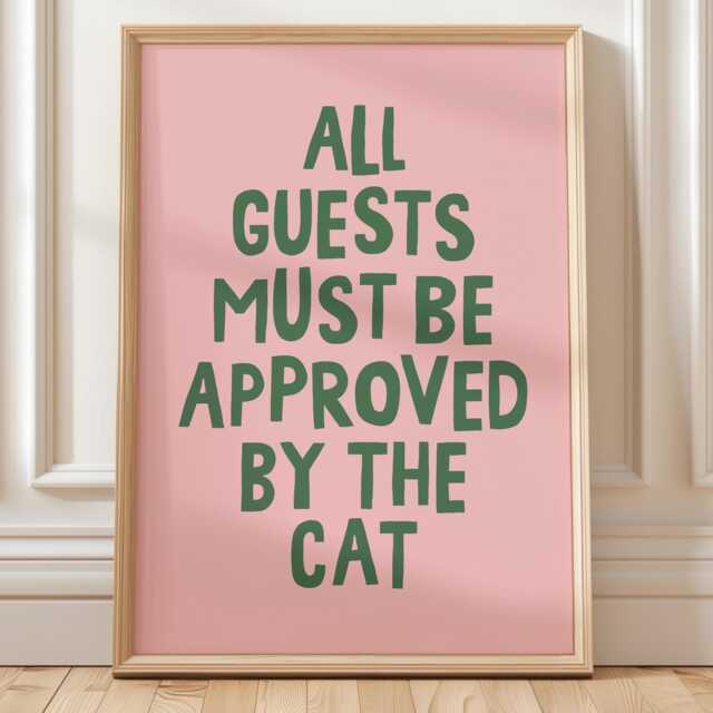 Cat Art Print Funny Guest Room Wall Decor, Pink & Green - image 1