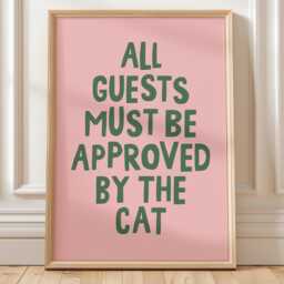 Cat Art Print Funny Guest Room Wall Decor, Pink & Green - thumbnail 1