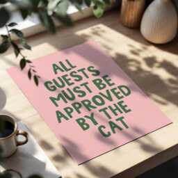 Cat Art Print Funny Guest Room Wall Decor, Pink & Green - thumbnail 3