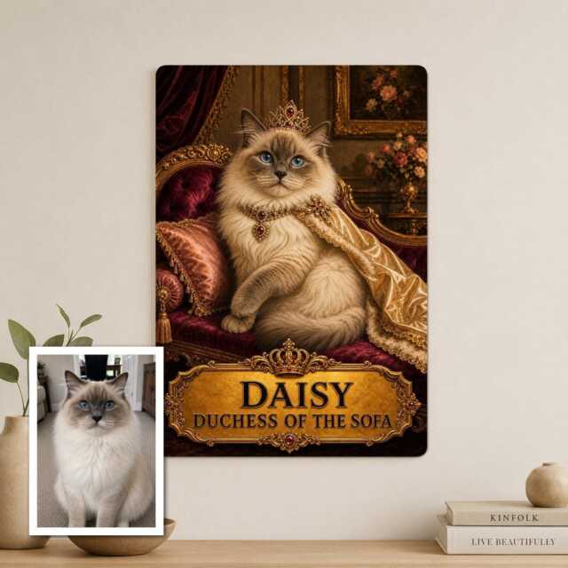 Personalised Royal Cat Metal Plaque From Pet Photo, Custom Name Sofa Queen Sign Gift For Mum Or Dad Home Decor Door Wall - image 1