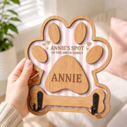 Personalized Wooden Dog Leash Holder, Custom Name Paw Shaped Wood Wall Hook, Pink Stripe Pet Key Holder Decor, New Puppy Gift - thumbnail 3