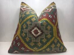 Vintage Turkish Kilim Pillow Cover, Handwoven Accent Cushion - 24x24 - thumbnail 1