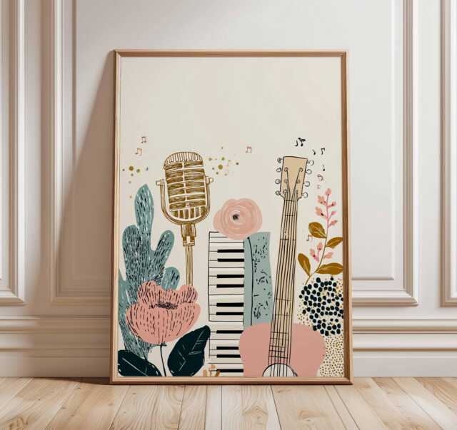Boho Music Art Print - Floral Guitar Wall Retro Microphone Poster Room Decor Modern Illustration Lover Gift - image 1