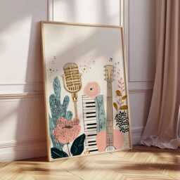 Boho Music Art Print - Floral Guitar Wall Retro Microphone Poster Room Decor Modern Illustration Lover Gift - thumbnail 2