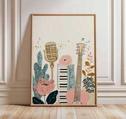 Boho Music Art Print - Floral Guitar Wall Retro Microphone Poster Room Decor Modern Illustration Lover Gift - thumbnail 1