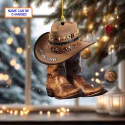 Custom Name Cowboy Boots & Hat Personalized Ornament, Christmas Tree Hanging Decor, Flat 2D Boot Stockings - thumbnail 2
