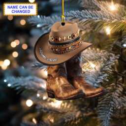 Custom Name Cowboy Boots & Hat Personalized Ornament, Christmas Tree Hanging Decor, Flat 2D Boot Stockings
