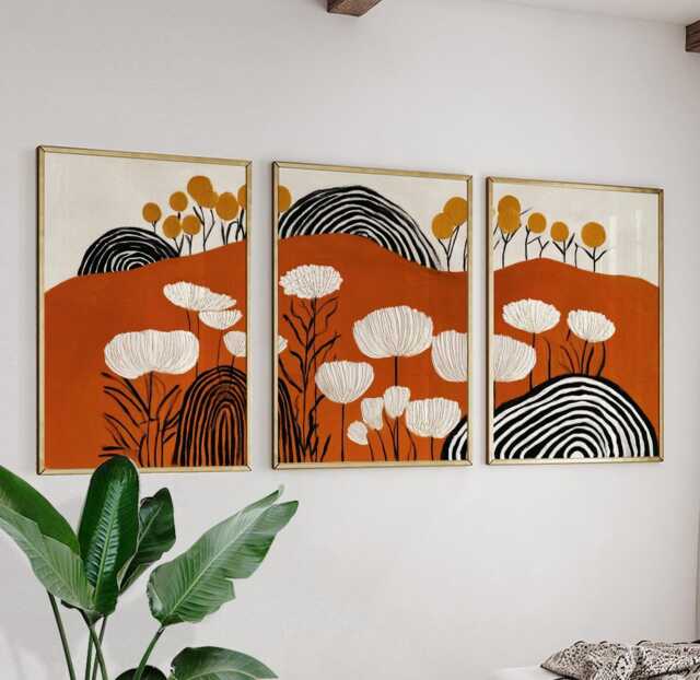 Abstract Botanical Wall Art Posters Set Of 3 - Orange Black Floral Triptych - image 1
