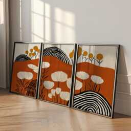 Abstract Botanical Wall Art Posters Set Of 3 - Orange Black Floral Triptych - thumbnail 3