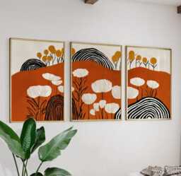 Abstract Botanical Wall Art Posters Set Of 3 - Orange Black Floral Triptych - thumbnail 1