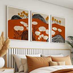 Abstract Botanical Wall Art Posters Set Of 3 - Orange Black Floral Triptych - thumbnail 2