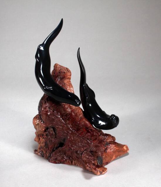 River Otter Duo Sculpture By John Perry On Polished Burlwood Base. Signed - image 1