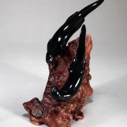 River Otter Duo Sculpture By John Perry On Polished Burlwood Base. Signed - thumbnail 3