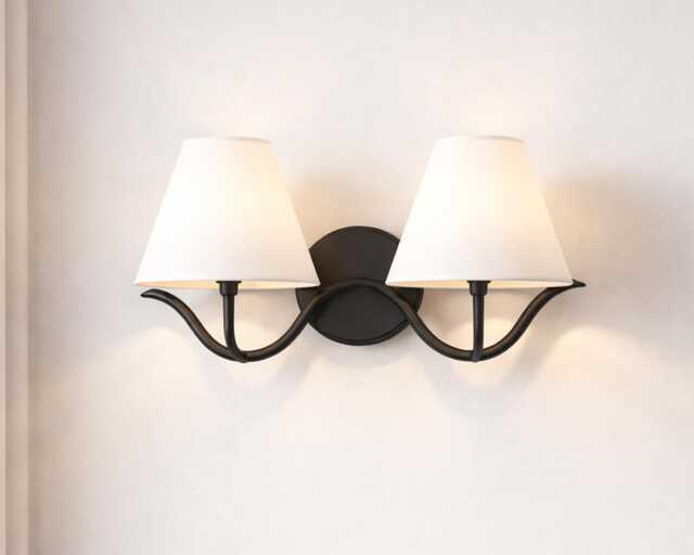 Wall Sconce With Modern Matte Black Double White Fabric Shades, Bedroom Bedside Lamp, Living Room Hallway, Bathroom Vanity Light Fixture - image 1