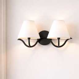 Wall Sconce With Modern Matte Black Double White Fabric Shades, Bedroom Bedside Lamp, Living Room Hallway, Bathroom Vanity Light Fixture - thumbnail 2