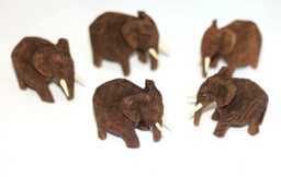 Herd Of 5 Carved Dolf/Mukwa/Kiaat Wood Elephants. African Teakwood Set Safari Gentle Giants. Mini Wooden Figurines/Sculptures Deco Art - thumbnail 1