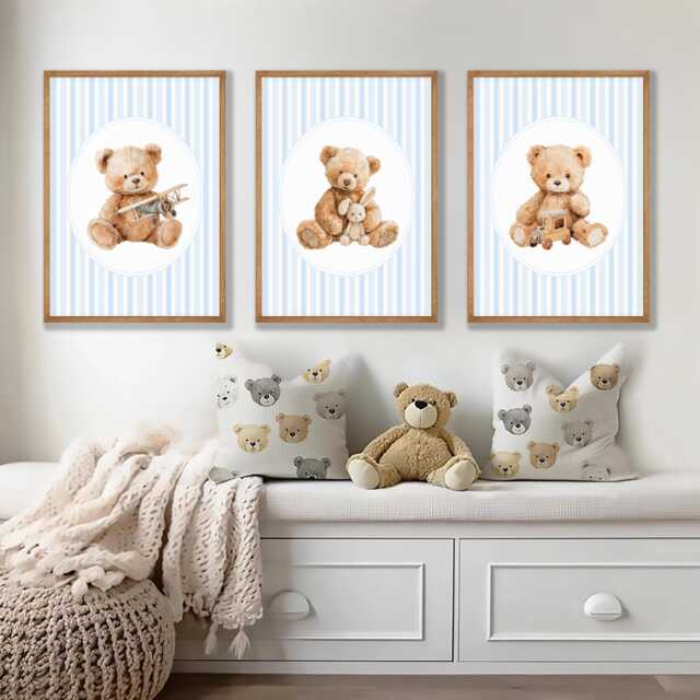 Vintage Teddy Bear Nursery Prints Blue Baby Boy Wall Art Set Of 3 - image 1