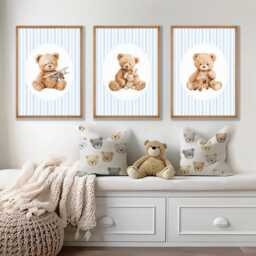 Vintage Teddy Bear Nursery Prints Blue Baby Boy Wall Art Set Of 3 - thumbnail 1