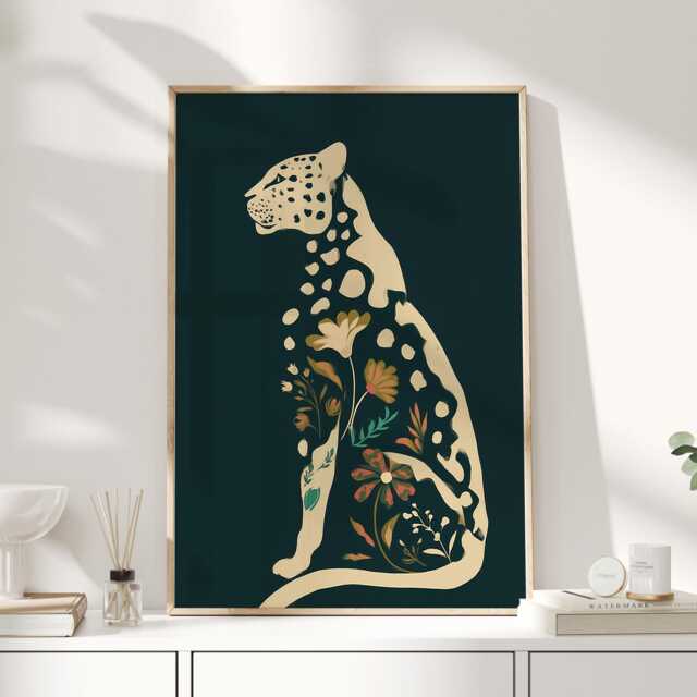 Leopard Wall Art Print, Folk Style Animal Illustration, Dark Green Botanical Artwork For Living Room Or Bedroom - image 1