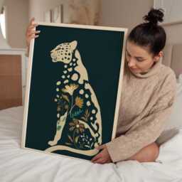 Leopard Wall Art Print, Folk Style Animal Illustration, Dark Green Botanical Artwork For Living Room Or Bedroom - thumbnail 3