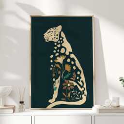 Leopard Wall Art Print, Folk Style Animal Illustration, Dark Green Botanical Artwork For Living Room Or Bedroom - thumbnail 1