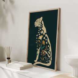 Leopard Wall Art Print, Folk Style Animal Illustration, Dark Green Botanical Artwork For Living Room Or Bedroom - thumbnail 2