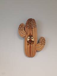Intarsia Cactus Owl Wooden Wall Decor, Handmade 3D Art - thumbnail 1