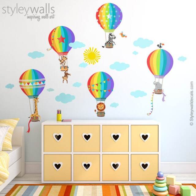 Air Balloons Wall Decal, Hot & Jungle Safari Animals Sticker, Rainbow Baby Nursery Decor, Kids Room Decal - image 1