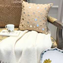 "Beige Cotton Canvas Mirror Work Decorative Throw Pillow Cover, 16""x16" - thumbnail 2