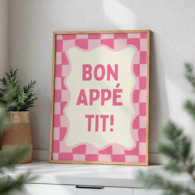 Bon Appetit Kitchen Poster, Pink Checkered Wall Art, French Quote Girly Funky Dopamine Decor - image 1