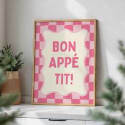 Bon Appetit Kitchen Poster, Pink Checkered Wall Art, French Quote Girly Funky Dopamine Decor - thumbnail 1