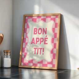 Bon Appetit Kitchen Poster, Pink Checkered Wall Art, French Quote Girly Funky Dopamine Decor - thumbnail 3