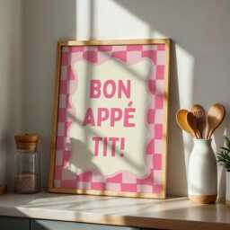 Bon Appetit Kitchen Poster, Pink Checkered Wall Art, French Quote Girly Funky Dopamine Decor - thumbnail 2