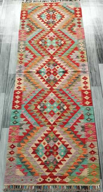 Multicolour Runner Rug, Handmade Artisan Afghan Turkish Scandinavian Navajo Bohemian Flatweave Wool Kilim Rug 197x70 cm - image 1