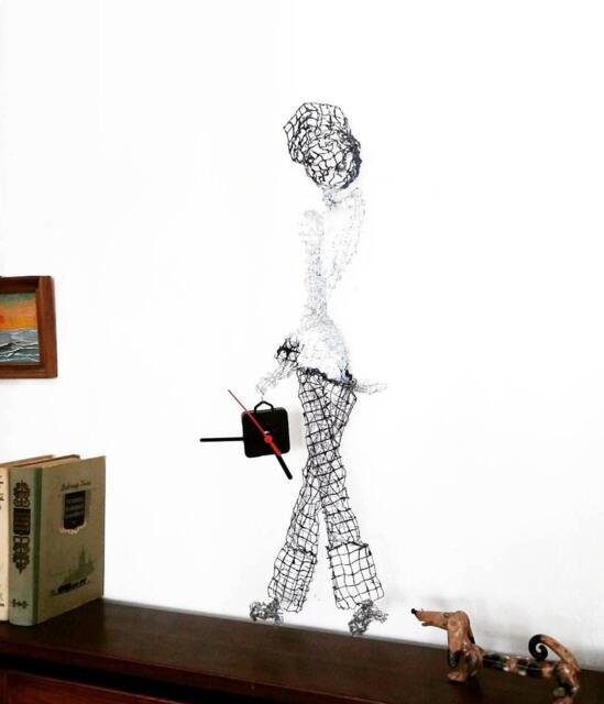 Clock Art Wire Mesh Sculpture Ooak. Wall Hanging Figurine. Girl With Suitcase in White & Blue. Shelf Decor - image 1