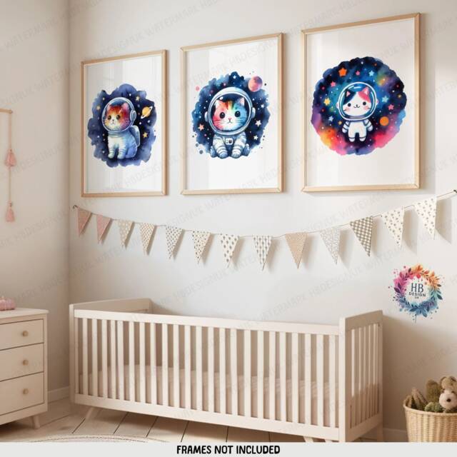 Cat Astronaut Space Prints - Set Of 3 Watercolour Posters - Boys Bedroom Artwork Kids Wall Art Decor Baby Animal Nursery Print - image 1