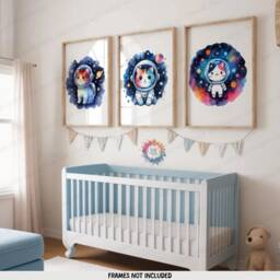Cat Astronaut Space Prints - Set Of 3 Watercolour Posters - Boys Bedroom Artwork Kids Wall Art Decor Baby Animal Nursery Print - thumbnail 2