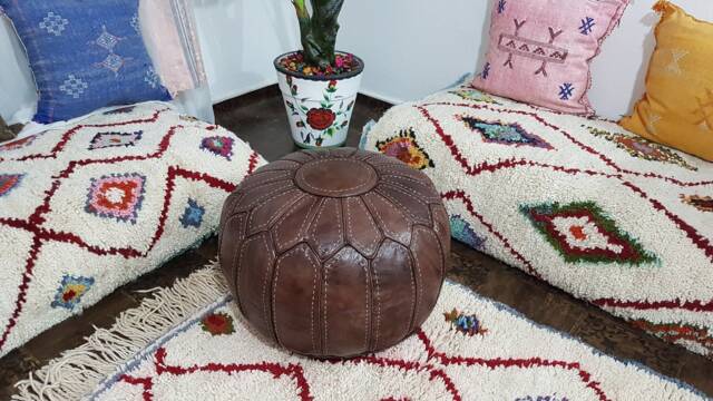 Stuffed Moroccan Leather Pouf, Pouf Ottoman, Handmade Floor Poof, Footstool, Ottoman Table, & Stools - image 1