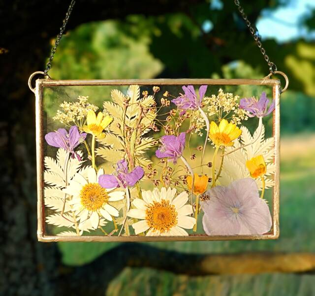 Dried Flower Bouquet in Handmade Stained Glass Frame, Suncatcher With Pressed Flowers - image 1
