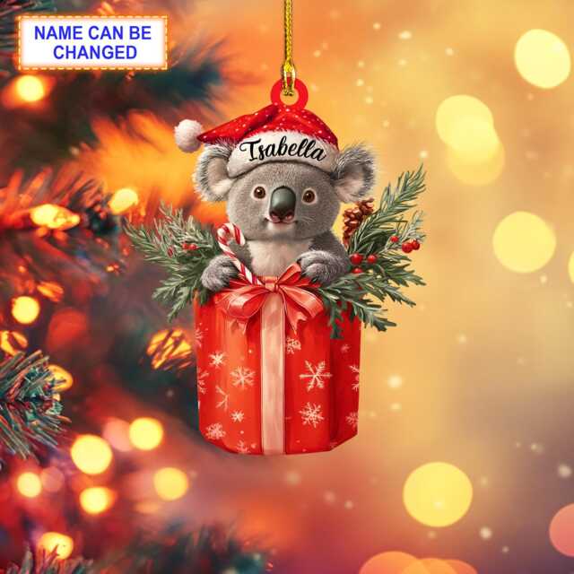 Koala With Santa Hat Inside A Giftbox Personalized Ornament, Christmas Tree Hanging Decor, Flat 2D Ornament - image 1