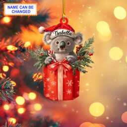 Koala With Santa Hat Inside A Giftbox Personalized Ornament, Christmas Tree Hanging Decor, Flat 2D Ornament
