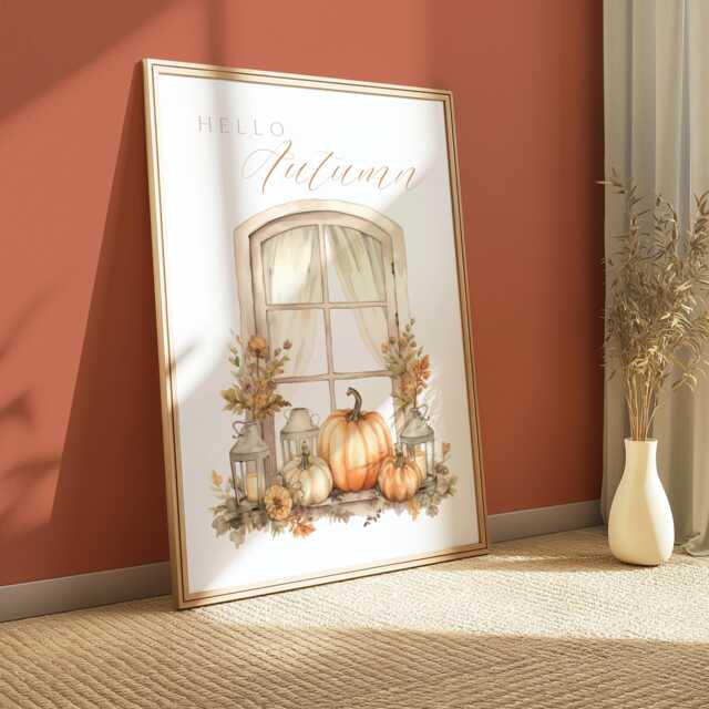 Neutral Hello Autumn Print, Beige Home Decor, Above Sofa Pumpkin Wall Art, Country Farmhouse Halloween, Fall Prints - image 1