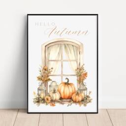 Neutral Hello Autumn Print, Beige Home Decor, Above Sofa Pumpkin Wall Art, Country Farmhouse Halloween, Fall Prints - thumbnail 4